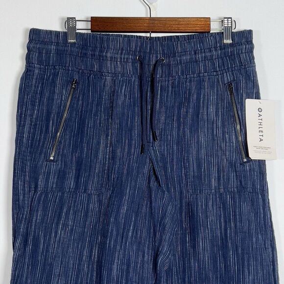 Athleta Cabo Linen Textured Wide Leg Pants Sz 10 Tall Blue Pull On Comfort - Picture 2 of 12